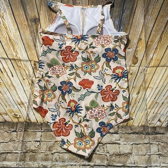 Orange Blue Floral Lightly Padded One Piece Swimsuit - Picture 4 of 5